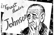 A sign welcoming Lyndon B. Johnson to Seoul is carried by students awaiting the president's arrival at City Hall Plaza.