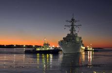 The USS Fitzgerald departs a shipyard in Pascagoula, Miss.