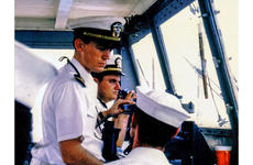 Ensign Bill Gross on the bridge of the USS Diachenko in August 1968 as the ship returns from its deployment to Vietnam and arrives in San Diego, Calif. Behind Gross is Ensign Dennis Devitt.