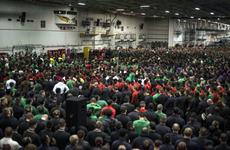 Senior leaders aboard the USS Ronald Reagan discuss alcohol and curfew restrictions with sailors on June 6, 2016, in waters south of Japan.