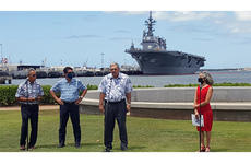 Members of the 75th World War II Commemoration Committee talk with reporters at the Pearl Harbor Visitors Center, Hawaii, Wednesday, Aug. 5, 2020.