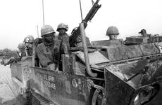 American troops on the move near the Cambodian border in April, 1969.