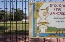 "If You Give a Pig a Pancake," a book by Laura Numeroff, is featured in a story walk at Sagamihara Family Housing Area, Japan, on April 17, 2020. 