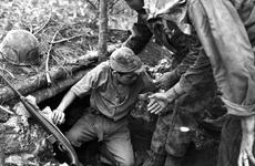 U.S. Marines coax a Japanese sailor into surrendering on Guam, July 1944. 