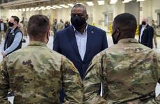Defense Secretary Lloyd Austin speaks with service members at Osan Air Base, South Korea, Friday, March 19, 2021.