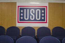 The miniature movie theater inside the new USO center aboard the aircraft carrier USS Ronald Reagan is pictured on April 17, 2024.