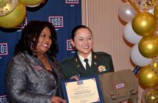 USO Area director Natalie Rowland and Japan Ground Self-Defense Force Master Sgt. Takako Sasaki pose after USO Japan’s 2022 Salute to Service Awards at Yokosuka Naval Base, Japan, on Nov. 10, 2022. 