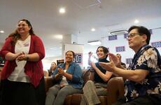 Service members and veterans take part in a virtual meetup with the stars of “The Covenant,” Jake Gyllenhaal and Dar Salim, at the USO on Yokosuka Naval Base, Japan, Friday, April 21, 2023.