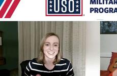 Swimmer Katie Ledecky, winner of seven Olympic gold medals and 15 world championship golds, speaks during a virtual USO event, Wednesday, Oct. 27, 2021.