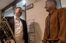 Blair Bollinger, left, a trombonist for the Philadelphia Orchestra, greets Staff Sgt. James Beeson, a trombonist for the 8th Army Band, backstage at the Seoul Arts Center's Music Hall, Thursday, June 8, 2017.