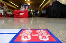 A social distancing decal is posted at Camp Humphreys, South Korea, March 27, 2020.