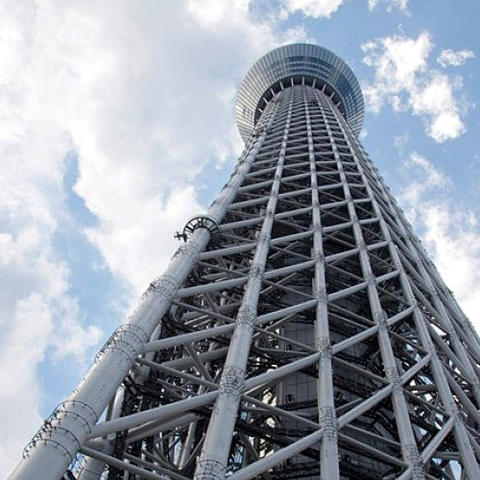 Ground level view looking up at the top of Tokyo Skytree