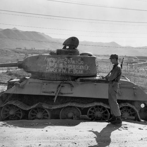A Russian made T34/85 tank knocked out in Taejon, Korea