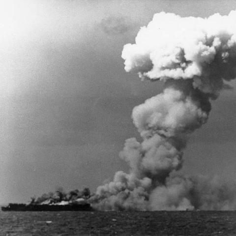 USS Princeton burning during battle