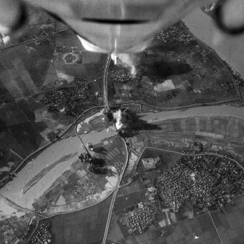 Aerial shot of A-4E Skyhawks attacking Phuong Dinh bridge in 1967