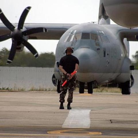 C130 cargo plane sites on the runway at Utapao Air Base in Thailand
