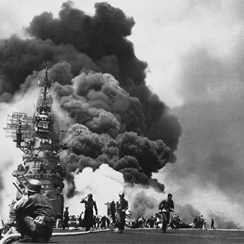 USS Bunker Hill on fire