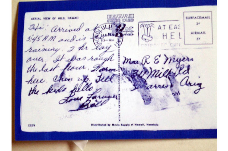''Tell the kids hello. Love forever.'' Army Sfc. Raymond "Bill" Myers sent this postcard to his family in Hawaii on stopover while on Flying Tiger Line Flight 739.