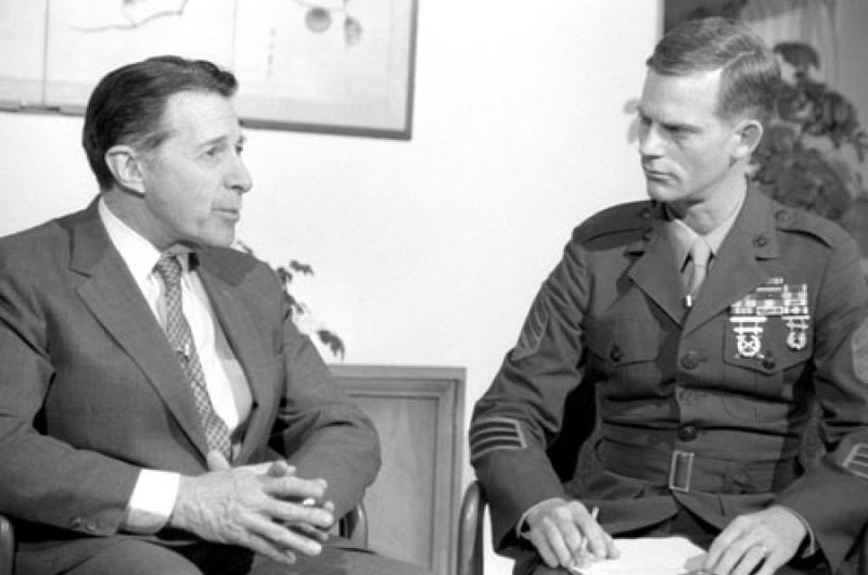 Secretary of Defense Caspar Weinberger at Yokota Air Base in April, 1986.