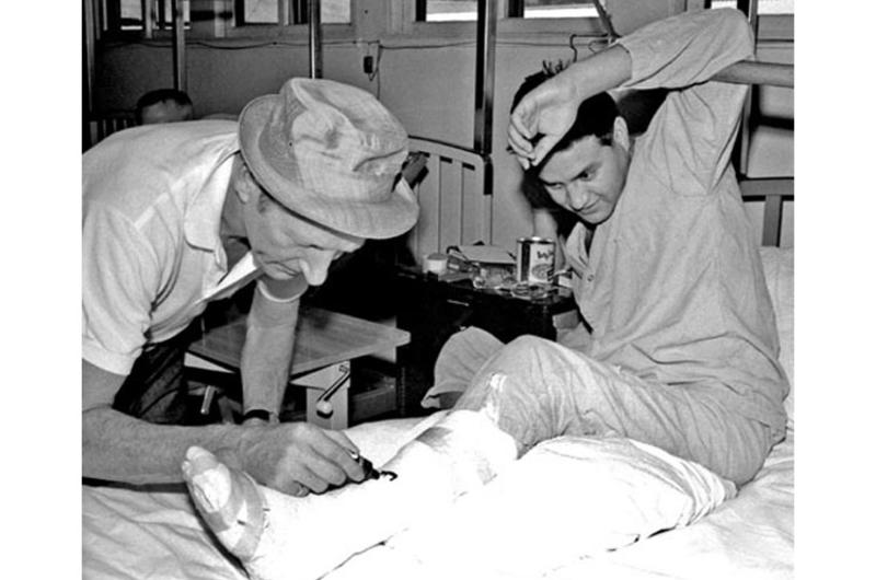 Comedian Danny Kaye visits the Johnson Air Base hospital in August, 1967.