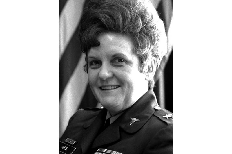 Brig. Gen. Anna M. Hays, chief of the Army Nurse Corps, is interviewed at Zama Hospital during a Far East inspection tour in 1971.