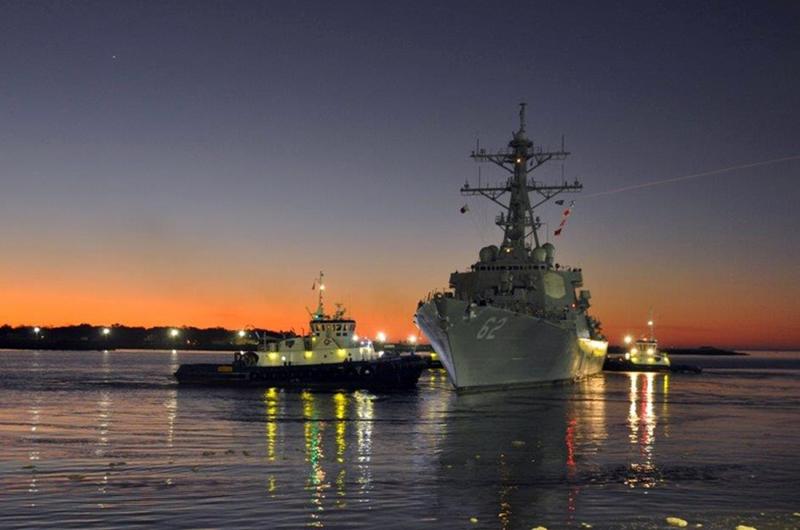 The USS Fitzgerald departs a shipyard in Pascagoula, Miss.