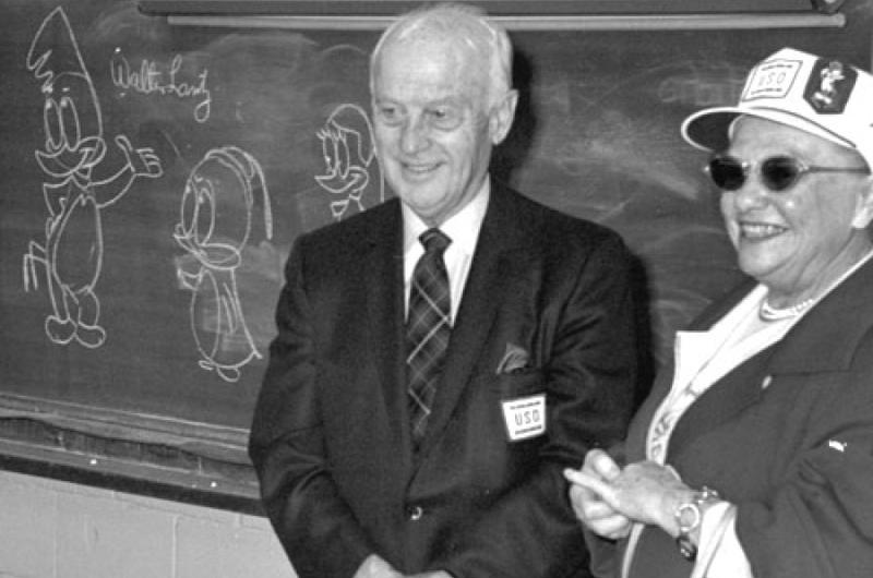 ''Woody Woodpecker'' creator Walter Lantz and his wife, Gracie — the ''voice'' of the cartoon character — visit Seoul American School in December, 1969. The Lantzes were on a USO-sponsored tour of the Far East.