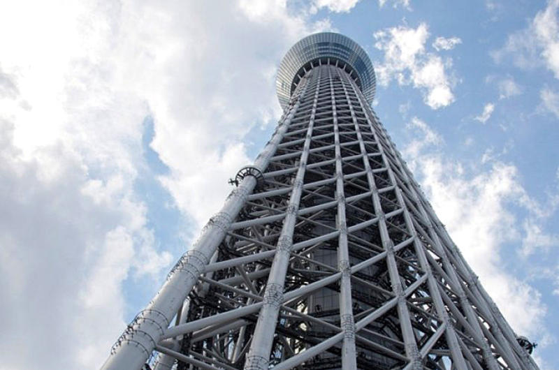 Ground level view looking up at the top of Tokyo Skytree