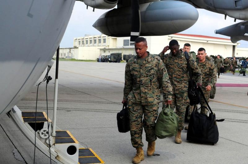 Col. Craig Timberlake, commander of 3rd Marine Expeditionary Brigade, flew to Marine Corps Air Station Iwakuni along with other senior Marine Corps and Navy leadership Saturday to get a look at what relief and support Marines and Navy personnel from Okinawa could offer in the coming days and weeks.