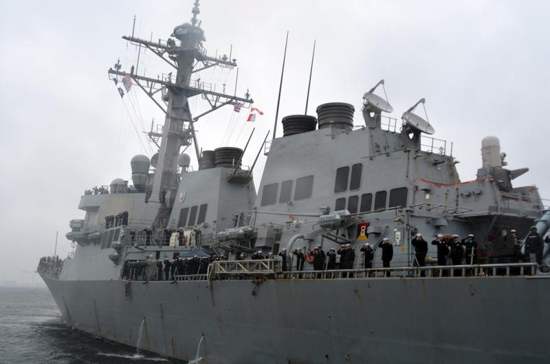 The destroyer USS Barry arrives at Yokosuka Naval Base, Japan, the ship's new homeport, on March 14, 2016.