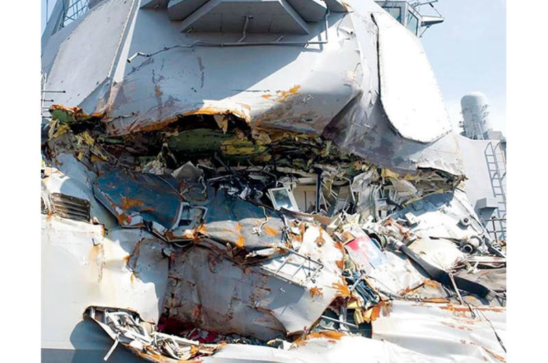 The stateroom of the USS Fitzgerald's stateroom as seen from the exterior of the ship after its collision on June 21, 2017.