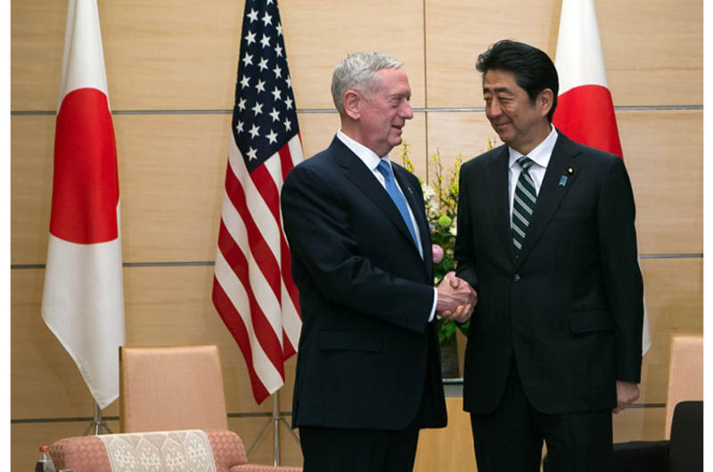 Secretary of Defense Jim Mattis greets Japanese Prime Minister Shinzo Abe at the leader's office in Tokyo, Friday, Feb. 3, 2017.