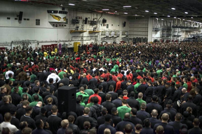 Senior leaders aboard the USS Ronald Reagan discuss alcohol and curfew restrictions with sailors on June 6, 2016, in waters south of Japan.