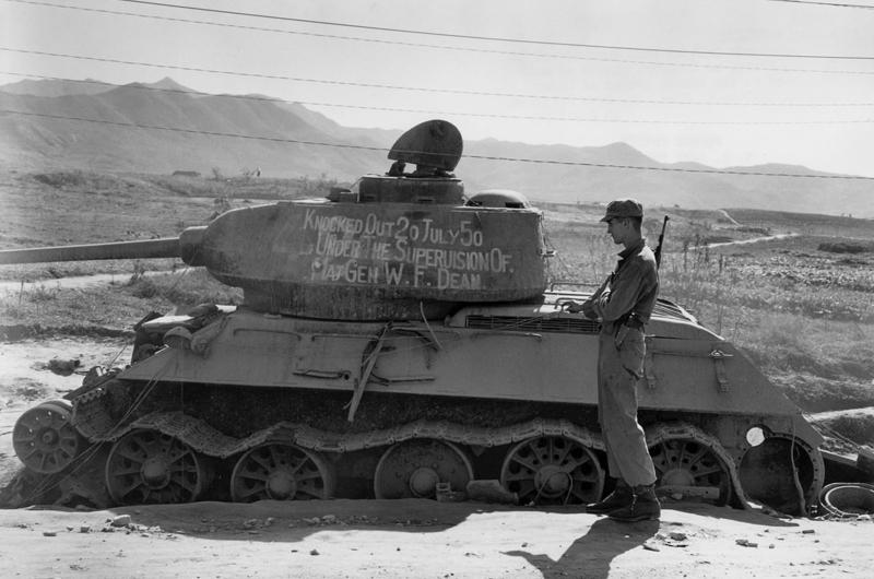A Russian made T34/85 tank knocked out in Taejon, Korea
