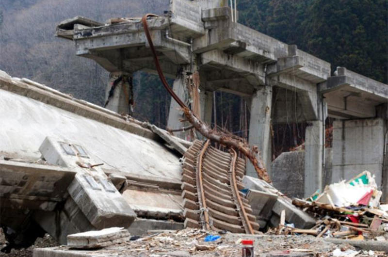 Sections of the elevated train tracks in Tanohata, Japan, were brought crashing down when a gigantic tsunami raced through the coastal fishing village on March 11.