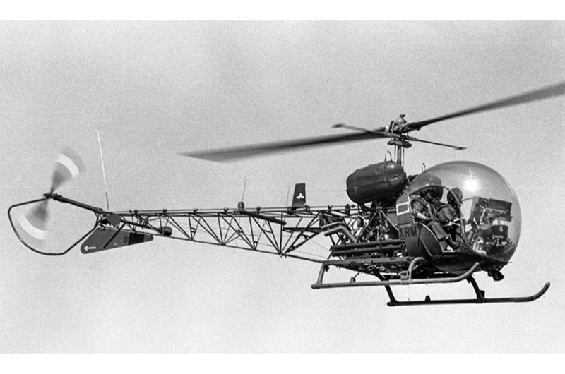 An H-13 helicopter at Bong Son, South Vietnam, in February, 1966.