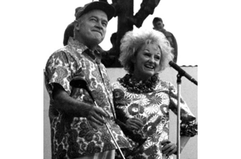 Bob Hope and Phyllis Diller entertain servicemembers at Cam Ranh Bay, South Vietnam, in December, 1966.