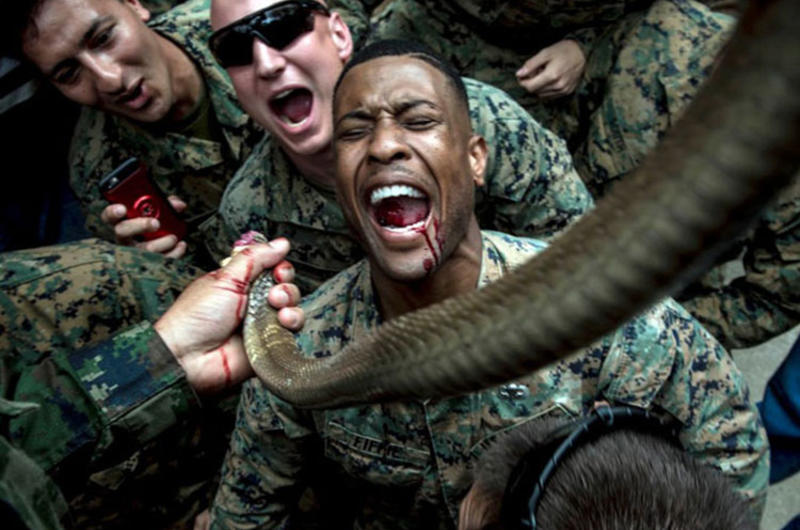 A Marine drinks