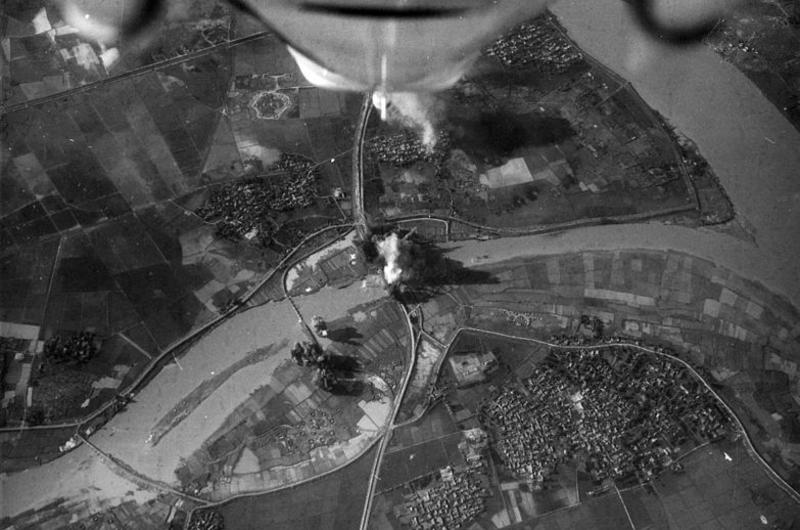 Aerial shot of A-4E Skyhawks attacking Phuong Dinh bridge in 1967