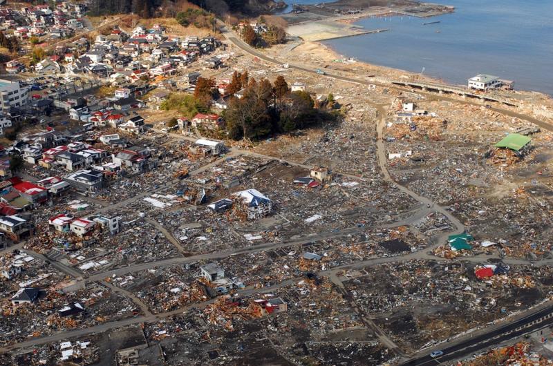 An aerial view of earthquake and tsunami damage to Sukuiso, Japan