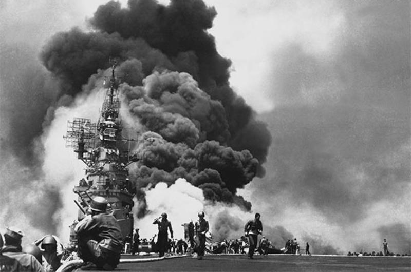 USS Bunker Hill on fire