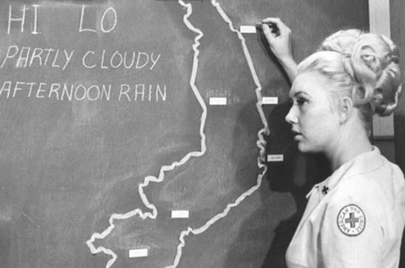 Barbara (Bobbie) Oberhansly delivers the weather forecast for Vietnam on Armed Forces Television in 1967. 