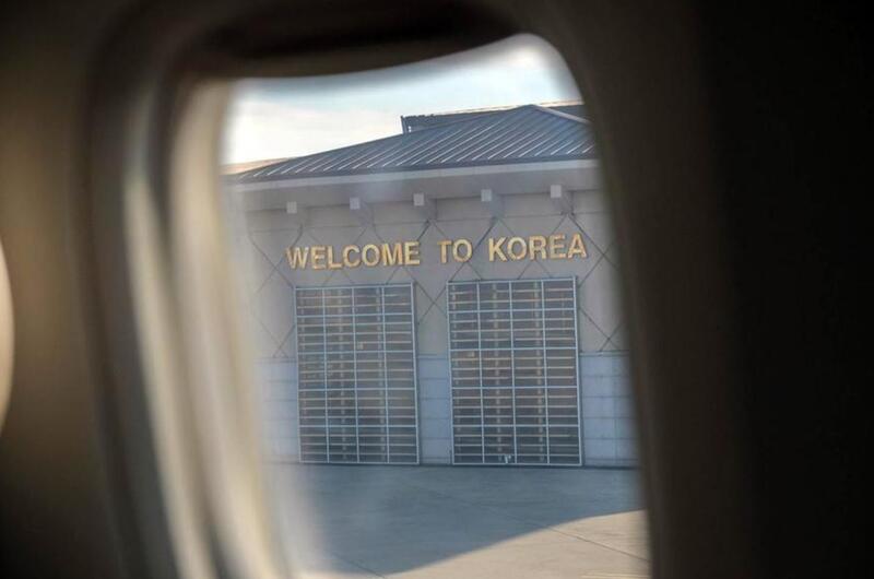 A Patriot Express flight arrives at Osan Air Base, South Korea, Oct. 28, 2020. 