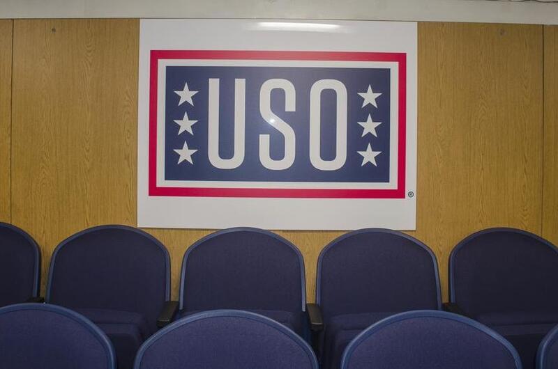 The miniature movie theater inside the new USO center aboard the aircraft carrier USS Ronald Reagan is pictured on April 17, 2024.