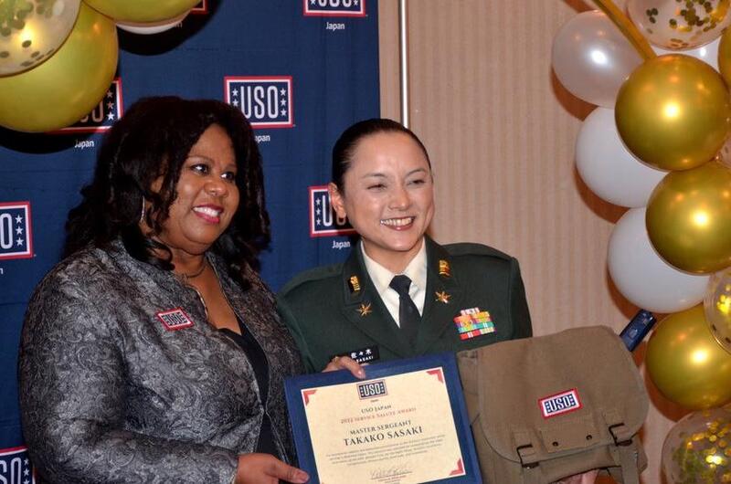 USO Area director Natalie Rowland and Japan Ground Self-Defense Force Master Sgt. Takako Sasaki pose after USO Japan’s 2022 Salute to Service Awards at Yokosuka Naval Base, Japan, on Nov. 10, 2022. 