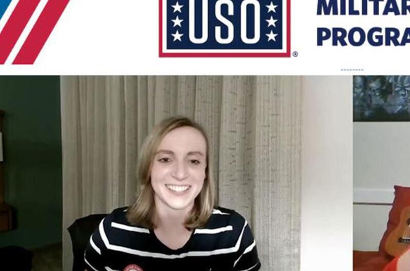 Swimmer Katie Ledecky, winner of seven Olympic gold medals and 15 world championship golds, speaks during a virtual USO event, Wednesday, Oct. 27, 2021.