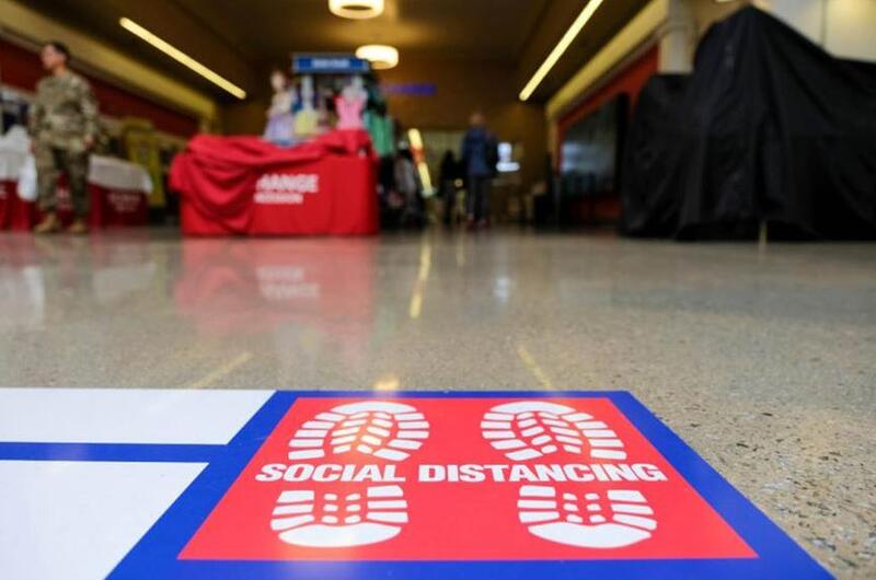 A social distancing decal is posted at Camp Humphreys, South Korea, March 27, 2020.
