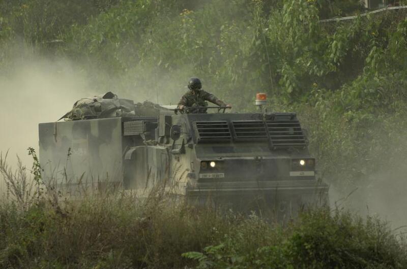 A (MLRS) multiple launch rocket system vehicle comes down the range