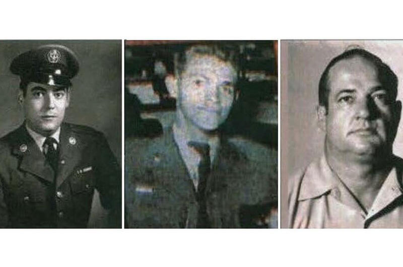 Side-by-side, 1960s-era portraits of three service members, two in dress uniforms and one in a white-collared shirt.