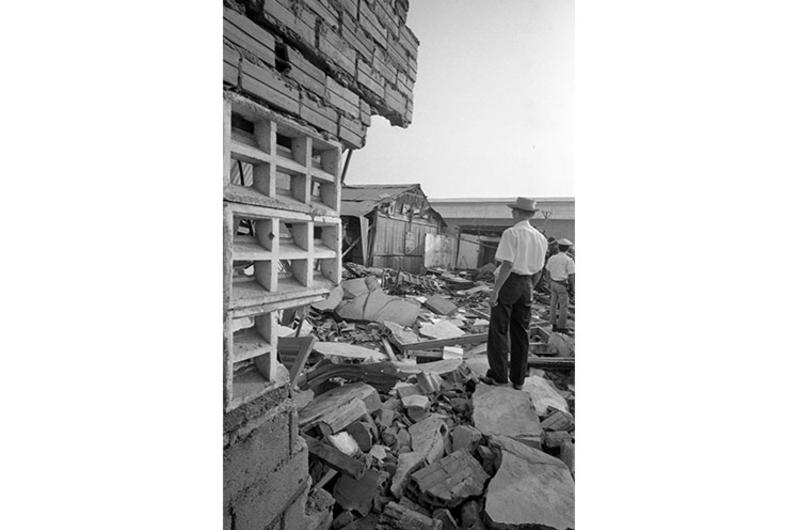 Destruction caused by enemy 122mm rocket that fell short in an attack on Tan Son Nhut Air Base.